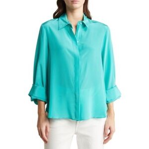 TWP Morning After Long Sleeve Silk Button-Up Shirt in Capri